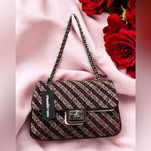 Karl Lagerfeld Agyness Tweed Crossbody Flap NWT Convertible Wine Navy Luxury